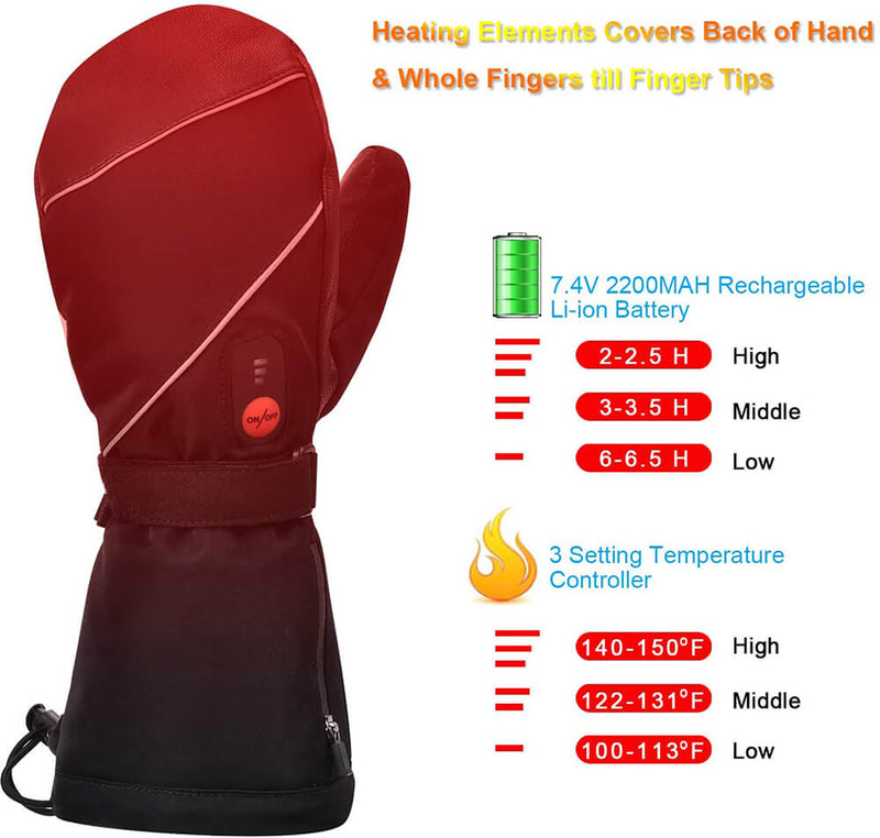 SNOW DEER Heated Mittens for Men and Women Waterproof Ski Gloves with  Touchscreen 7.4V 2200mAh Battery Gloves Electric Rechargeable Thermal  Mittens